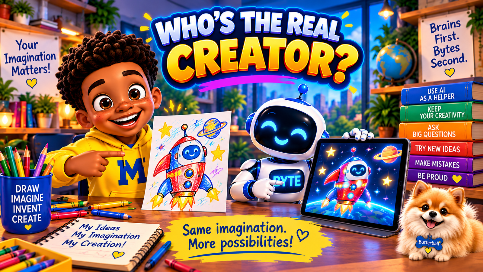Marcus proudly shows his hand-drawn rocket while Byte shows a digital version, celebrating imagination and creativity