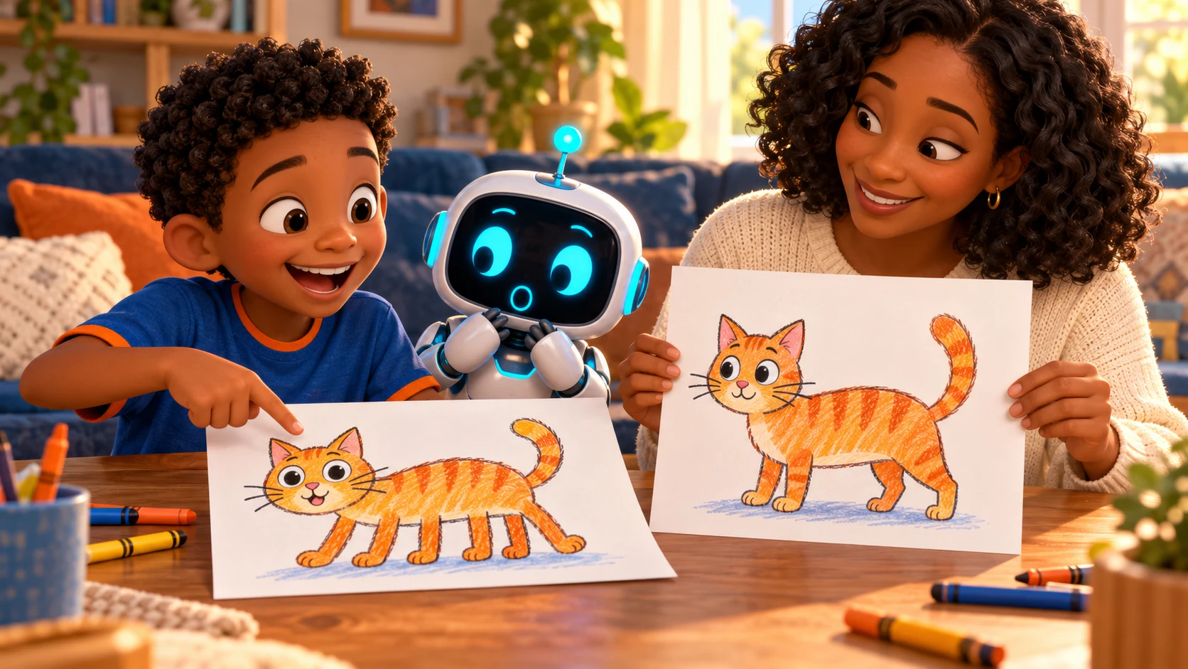 Marcus, his mother and Byte compare a silly six-legged cat drawing with a four-legged cat drawing