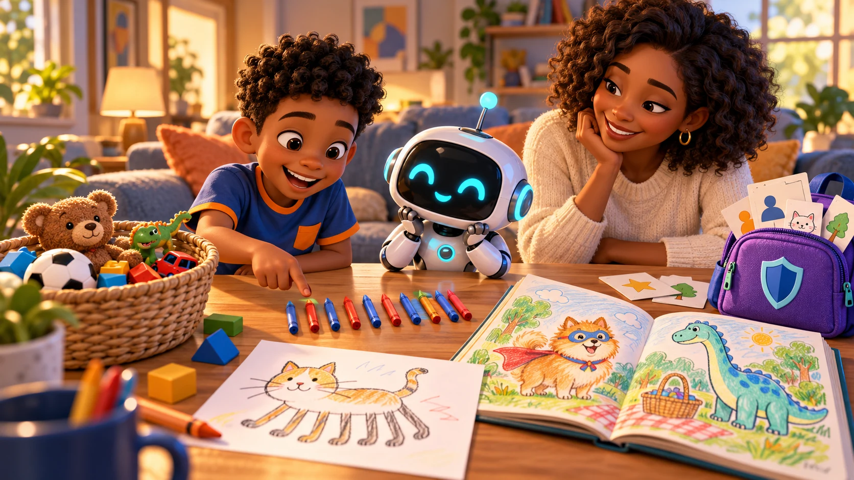 Marcus, Byte and Mom explore toys, crayon patterns, story drawings and a privacy backpack together
