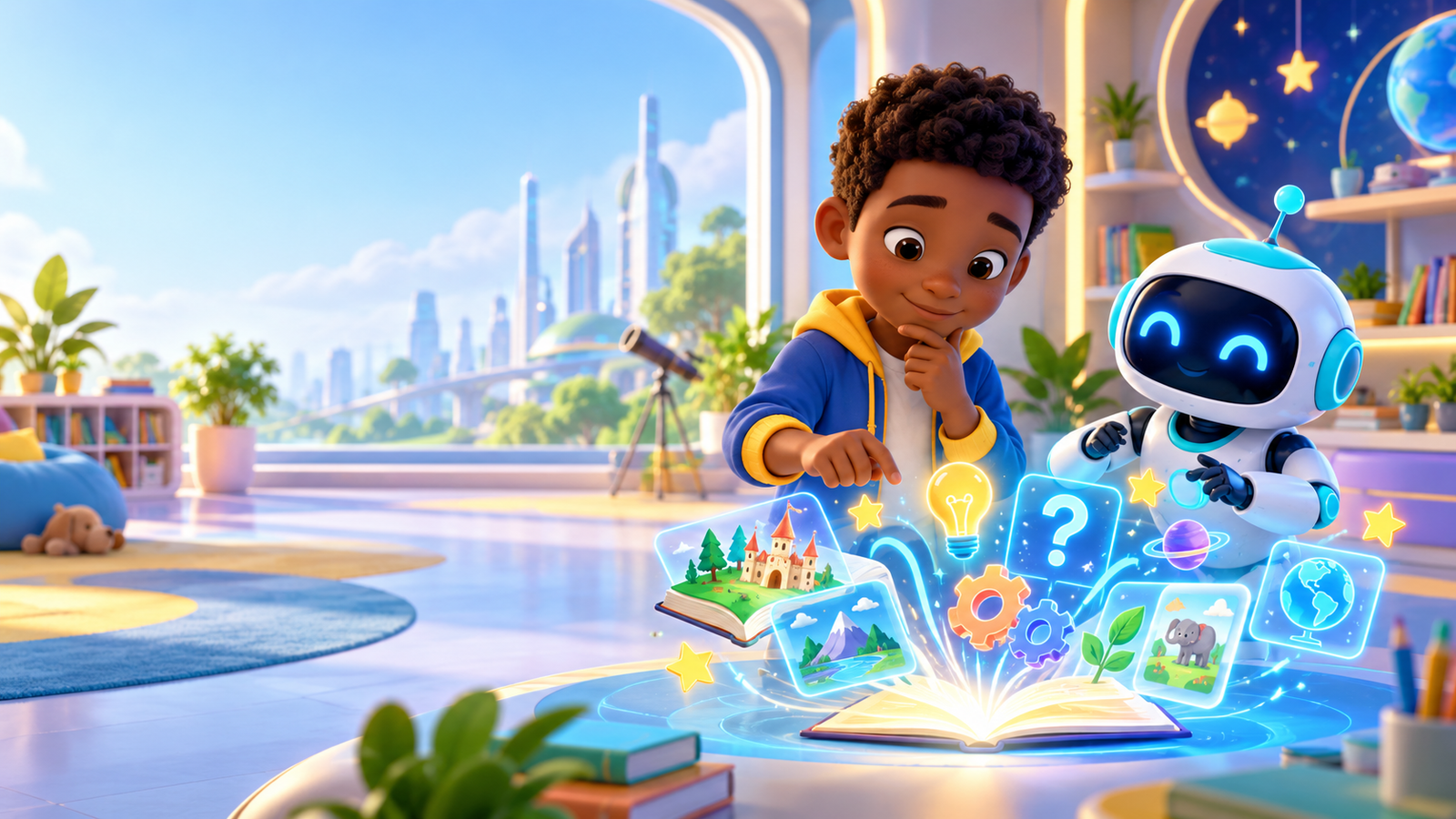 Marcus and Byte exploring a glowing storybook together