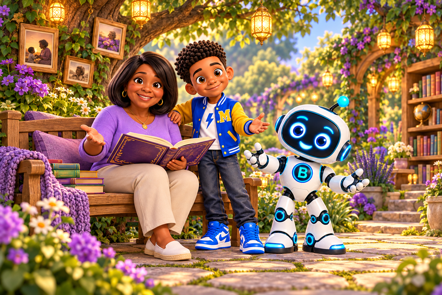 Grandma Vera, Marcus, and Byte sharing a story in a flower-filled garden